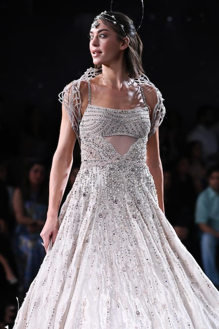 Dolly J_Ivory Tissue Crystals, Pearls Square Neck Athena Embroidered Gown _Online_at_Aza_Fashions