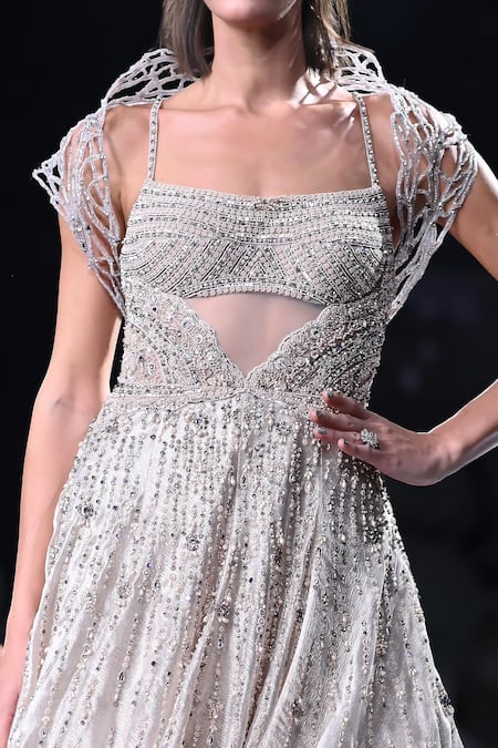 Buy_Dolly J_Ivory Tissue Crystals, Pearls Square Neck Athena Embroidered Gown _Online_at_Aza_Fashions