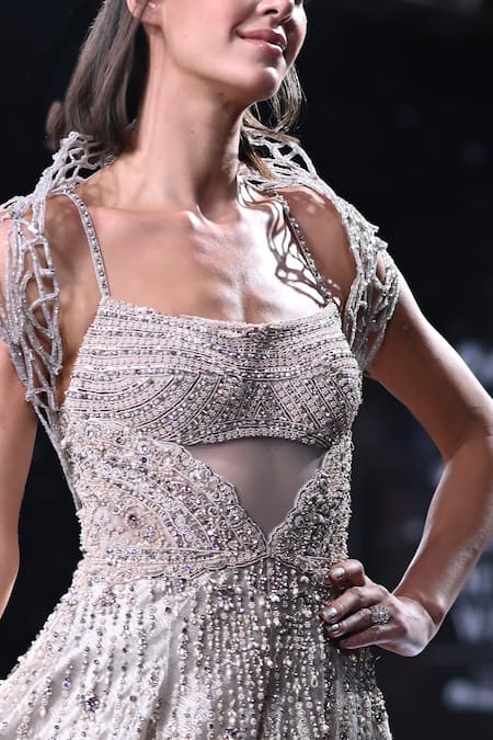 Shop_Dolly J_Ivory Tissue Crystals, Pearls Square Neck Athena Embroidered Gown _Online_at_Aza_Fashions