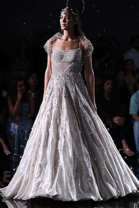 Dolly J_Ivory Tissue Crystals, Pearls Square Neck Athena Embroidered Gown _at_Aza_Fashions