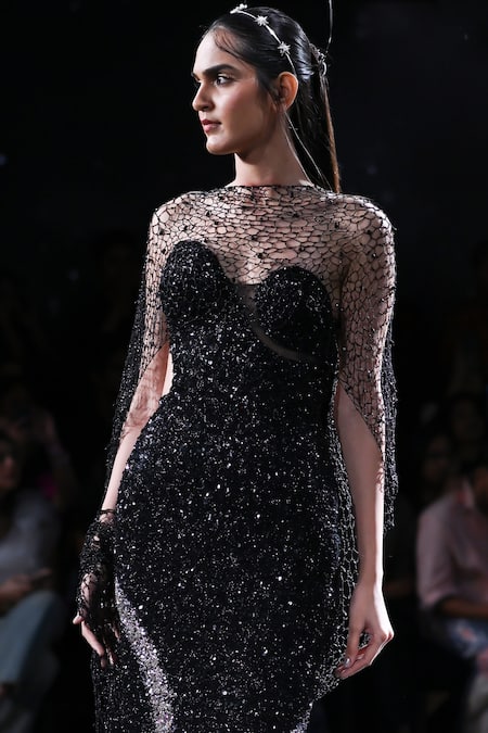 Dolly J_Black Tulle Sequins, Beads Boat Neck Hera Embroidered Bodycon Gown _Online_at_Aza_Fashions