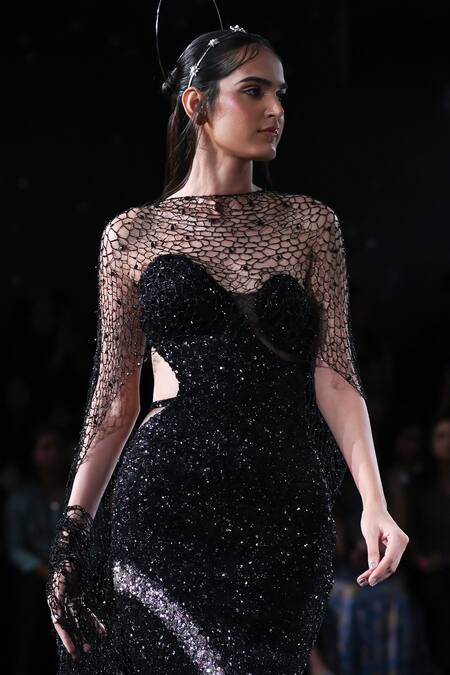 Buy_Dolly J_Black Tulle Sequins, Beads Boat Neck Hera Embroidered Bodycon Gown _Online_at_Aza_Fashions