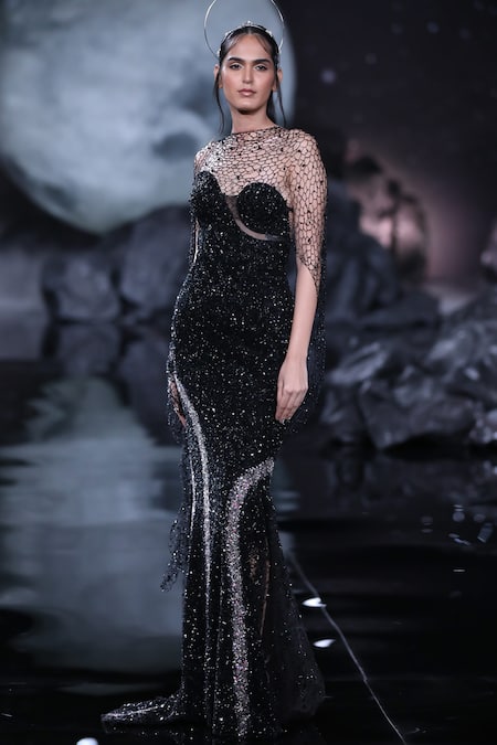Dolly J_Black Tulle Sequins, Beads Boat Neck Hera Embroidered Bodycon Gown _at_Aza_Fashions