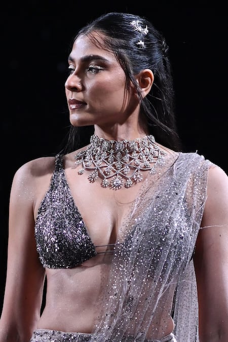 Dolly J_Grey Tulle Sequins, Beads, Feathers Eres Embroidered Lehenga Saree And Blouse Set _Online_at_Aza_Fashions