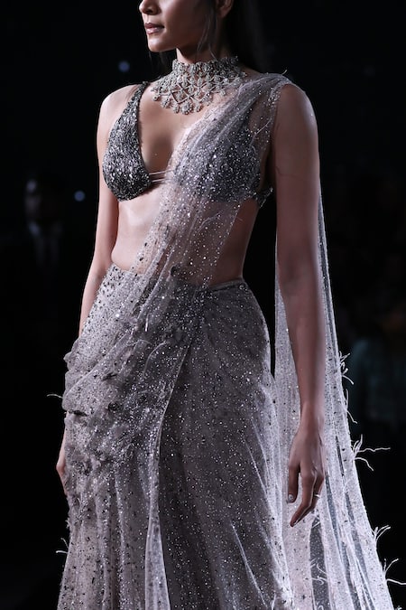 Buy_Dolly J_Grey Tulle Sequins, Beads, Feathers Eres Embroidered Lehenga Saree And Blouse Set _Online_at_Aza_Fashions