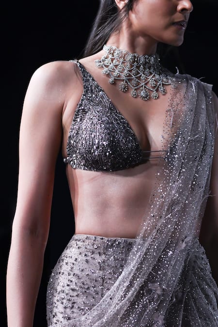 Shop_Dolly J_Grey Tulle Sequins, Beads, Feathers Eres Embroidered Lehenga Saree And Blouse Set _Online_at_Aza_Fashions