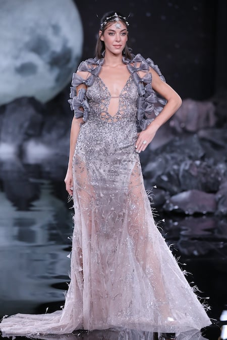 Dolly J_Grey Tulle Sequins, Beads V-neck Astrea Crystal Embroidered Bodycon Gown _at_Aza_Fashions