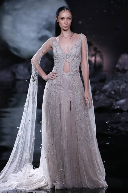 Dolly J_Ivory Tulle Sequins, Beads V-neck Embroidered Jacket And Skirt Set _Online_at_Aza_Fashions