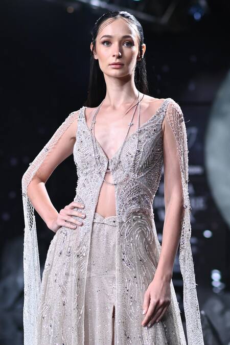 Buy_Dolly J_Ivory Tulle Sequins, Beads V-neck Embroidered Jacket And Skirt Set _Online_at_Aza_Fashions