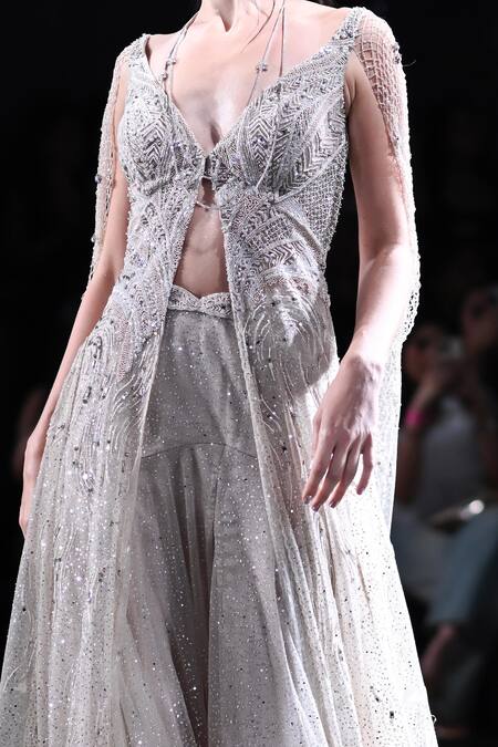 Shop_Dolly J_Ivory Tulle Sequins, Beads V-neck Embroidered Jacket And Skirt Set _Online_at_Aza_Fashions