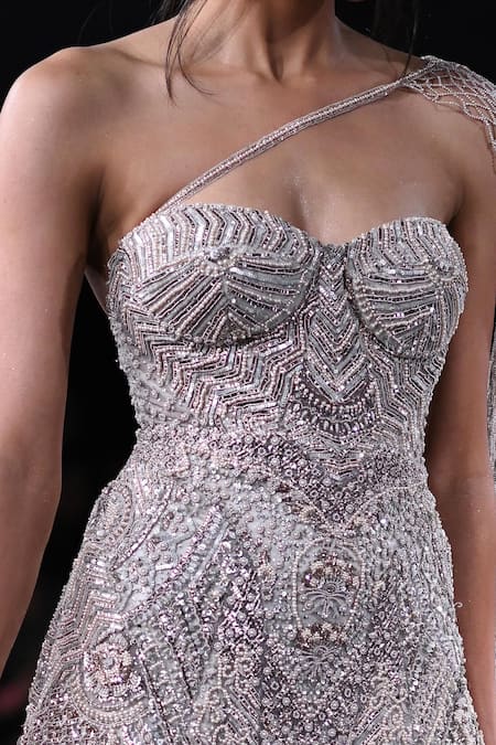 Dolly J_Ivory Tulle Sequins, Feathers One Shoulder Penelope Embroidered High Slit Gown _Online_at_Aza_Fashions