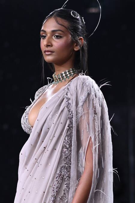 Dolly J_Grey Chiffon Sequins, Beads Plunge Neck Rhea Mukaish Embroidered Saree Cape Set _Online_at_Aza_Fashions