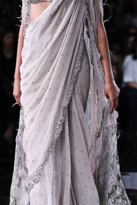 Buy_Dolly J_Grey Chiffon Sequins, Beads Plunge Neck Rhea Mukaish Embroidered Saree Cape Set _Online_at_Aza_Fashions