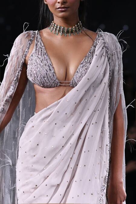 Shop_Dolly J_Grey Chiffon Sequins, Beads Plunge Neck Rhea Mukaish Embroidered Saree Cape Set _Online_at_Aza_Fashions