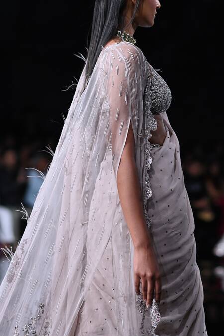 Buy_Dolly J_Grey Chiffon Sequins, Beads Plunge Neck Rhea Mukaish Embroidered Saree Cape Set 