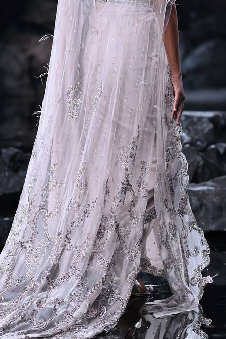 Shop_Dolly J_Grey Chiffon Sequins, Beads Plunge Neck Rhea Mukaish Embroidered Saree Cape Set 