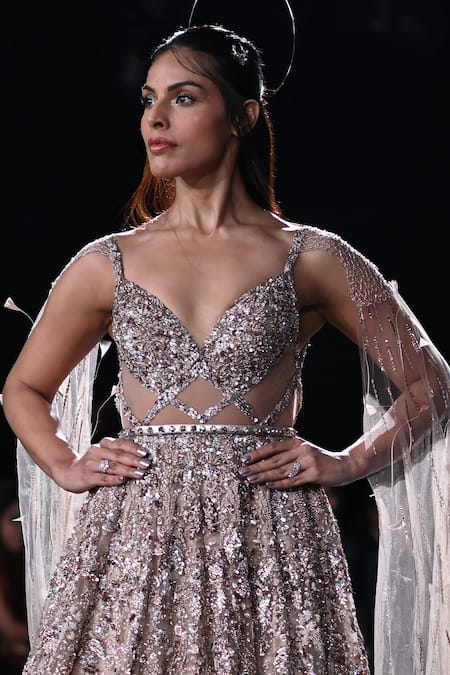 Shop Dolly J Beige Tulle Sequins, Beads, Feathers Althea Embroidered Cape Sleeve Gown at Aza Fashions Shop_Dolly J_Beige Tulle Sequins, Beads, Feathers Althea Embroidered Cape Sleeve Gown _at_Aza_Fashions