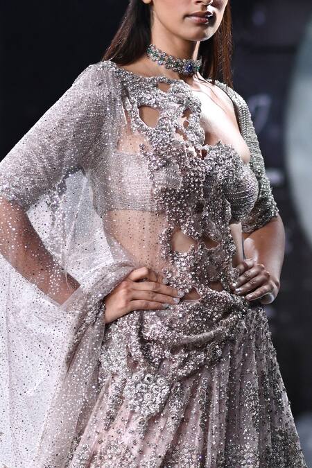 Dolly J_Pink Tulle Sequins, Beads, Cut Work Amara Embroidered Bridal Lehenga Set _Online_at_Aza_Fashions