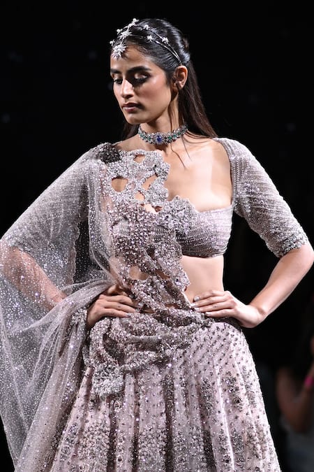 Buy_Dolly J_Pink Tulle Sequins, Beads, Cut Work Amara Embroidered Bridal Lehenga Set _Online_at_Aza_Fashions