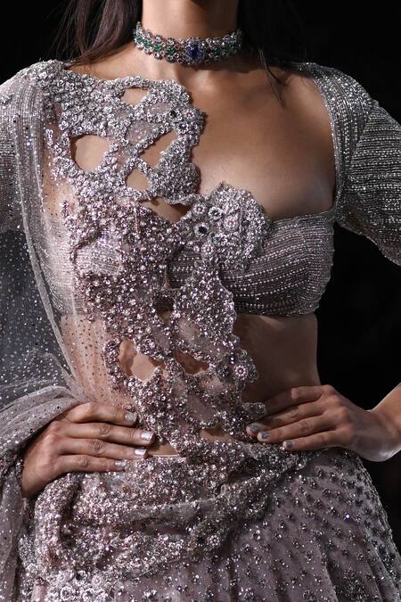 Shop_Dolly J_Pink Tulle Sequins, Beads, Cut Work Amara Embroidered Bridal Lehenga Set _Online_at_Aza_Fashions
