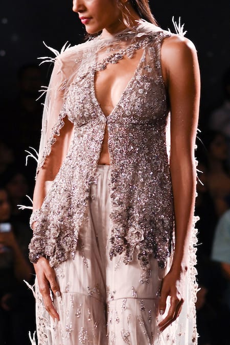 Dolly J_Grey Tulle Sequins, Beads, Feathers Plunge Lydia Embroidered Top Sharara Set _Online_at_Aza_Fashions