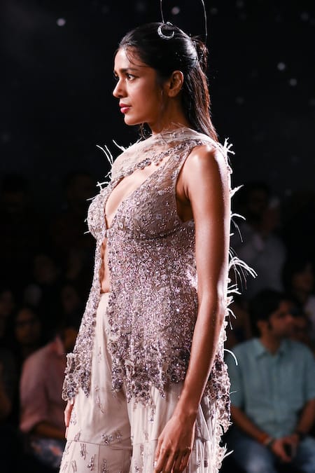 Buy_Dolly J_Grey Tulle Sequins, Beads, Feathers Plunge Lydia Embroidered Top Sharara Set _Online_at_Aza_Fashions