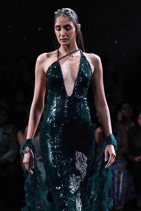 Dolly J_Green Lycra Sequins, Beads Asymmetric Clio Gown With Hand Cape _Online_at_Aza_Fashions