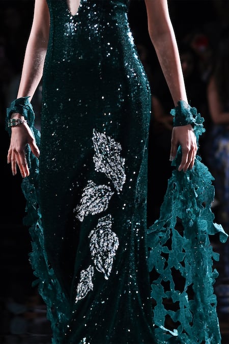 Buy_Dolly J_Green Lycra Sequins, Beads Asymmetric Clio Gown With Hand Cape _Online_at_Aza_Fashions