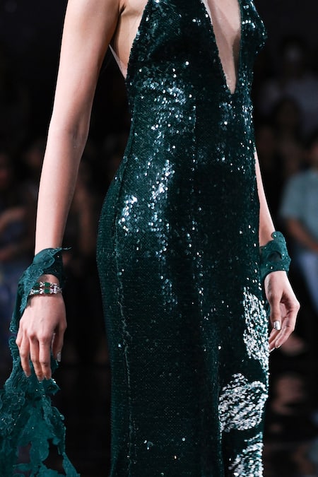 Shop_Dolly J_Green Lycra Sequins, Beads Asymmetric Clio Gown With Hand Cape _Online_at_Aza_Fashions