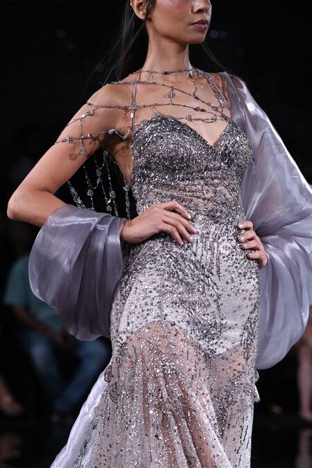 Dolly J Grey Tulle Sequins, Beads, Crystals Asymmetric Helena Embroidered Bodycon Gown Online at Aza Fashions Dolly J_Grey Tulle Sequins, Beads, Crystals Asymmetric Helena Embroidered Bodycon Gown _Online_at_Aza_Fashions