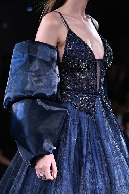 Dolly J_Blue Organza Sequins, Beads, Stones Delia Embroidered Yoke Gown And Jacket Set _Online_at_Aza_Fashions