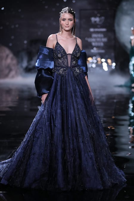 Shop_Dolly J_Blue Organza Sequins, Beads, Stones Delia Embroidered Yoke Gown And Jacket Set _at_Aza_Fashions