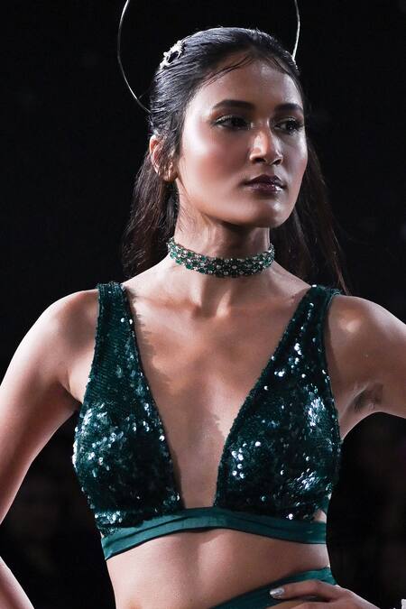 Buy_Dolly J_Green Silk, Organza Sequins Plunge Neck Cora Skirt Set With Cape _Online_at_Aza_Fashions