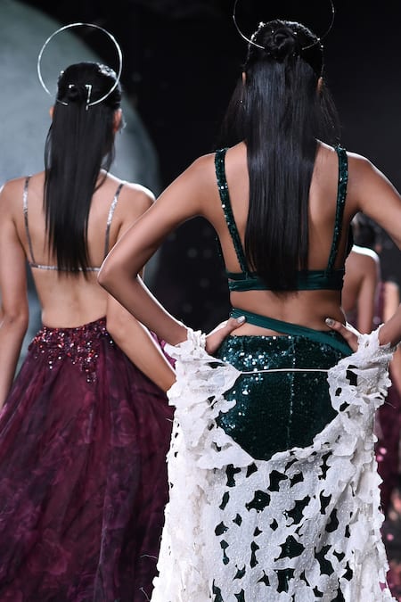 Shop_Dolly J_Green Silk, Organza Sequins Plunge Neck Cora Skirt Set With Cape _Online_at_Aza_Fashions