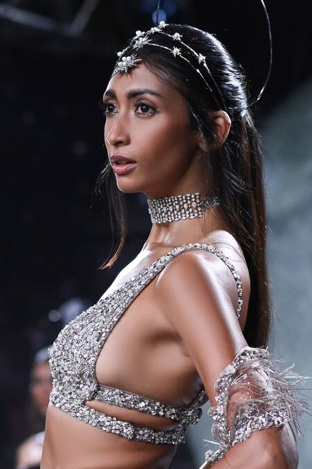 Dolly J_Silver Tulle Sequins, Beads, Crystals Aphrodite Embroidered Skirt Set With Cape _Online_at_Aza_Fashions