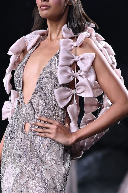 Buy_Dolly J_Pink Tulle Sequins, Beads V-neck Iren Embroidered Cut Work Gown _Online_at_Aza_Fashions