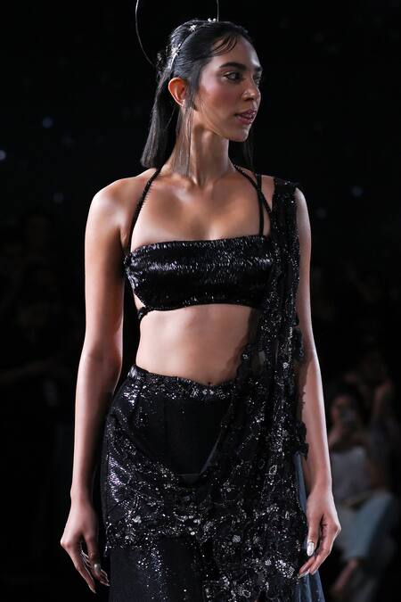 Dolly J_Black Lycra, Net Sequins, Melaina Embroidered Pre-draped Saree And Blouse Set_Online_at_Aza_Fashions