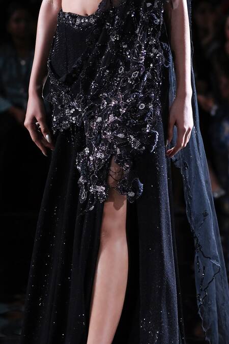 Shop_Dolly J_Black Lycra, Net Sequins, Melaina Embroidered Pre-draped Saree And Blouse Set_Online_at_Aza_Fashions