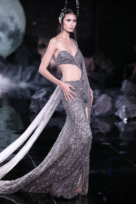 Shop_Dolly J_Grey Tulle Arete bead Embroidered Saree Gown 