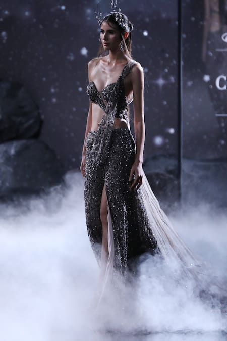 Shop_Dolly J_Grey Tulle Arete bead Embroidered Saree Gown _at_Aza_Fashions