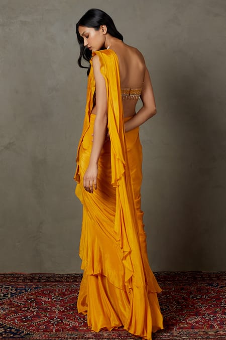 Shop RI.Ritu Kumar Yellow Viscose Beads, Sequins Pre-draped Ruffle Saree With Embroidered Blouse at Aza Fashions Shop_RI.Ritu Kumar_Yellow Viscose Beads, Sequins Pre-draped Ruffle Saree With Embroidered Blouse _at_Aza_Fashions