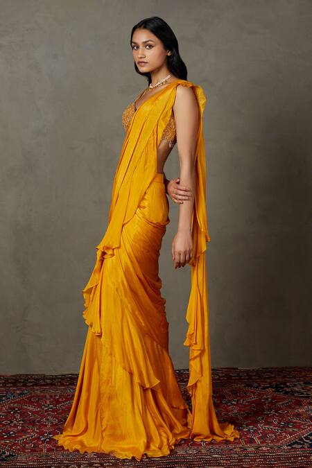 RI.Ritu Kumar Yellow Viscose Beads, Sequins Pre-draped Ruffle Saree With Embroidered Blouse Online at Aza Fashions RI.Ritu Kumar_Yellow Viscose Beads, Sequins Pre-draped Ruffle Saree With Embroidered Blouse _Online_at_Aza_Fashions