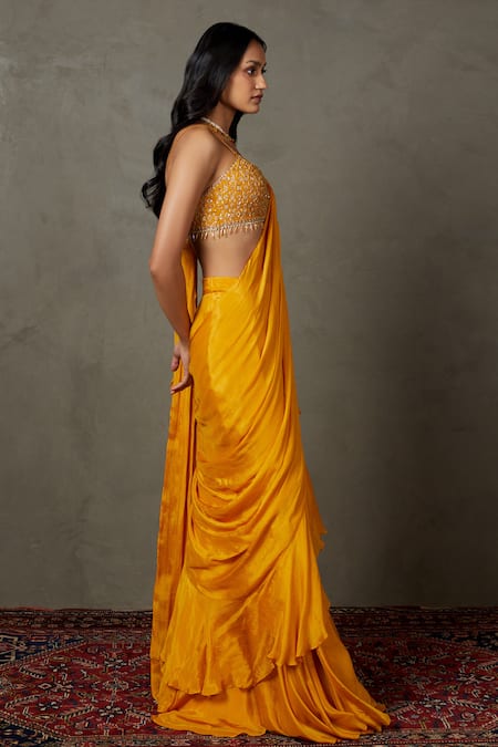 Buy RI.Ritu Kumar Yellow Viscose Beads, Sequins Pre-draped Ruffle Saree With Embroidered Blouse Online at Aza Fashions Buy_RI.Ritu Kumar_Yellow Viscose Beads, Sequins Pre-draped Ruffle Saree With Embroidered Blouse _Online_at_Aza_Fashions