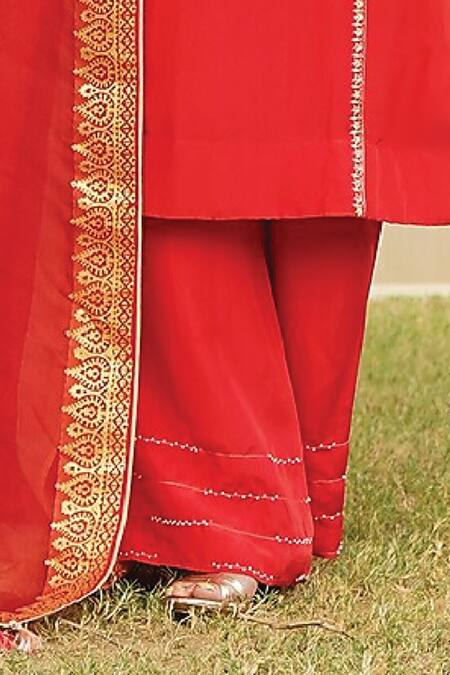 Buy Kyra By Bhavna Red Silk, Organza Embroidery, Zari Split V-neck Zardosi Work Kurta Pant Set Online at Aza Fashions Buy_Kyra By Bhavna_Red Silk, Organza Embroidery, Zari Split V-neck Zardosi Work Kurta Pant Set _Online_at_Aza_Fashions
