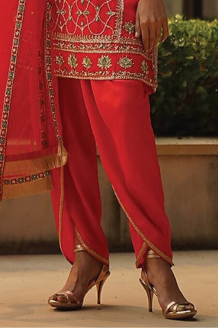 Kyra By Bhavna Coral Silk, Organza Zari V-neck Zardosi Embroidered Kurta Dhoti Pant Online at Aza Fashions Kyra By Bhavna_Coral Silk, Organza Zari V-neck Zardosi Embroidered Kurta Dhoti Pant _Online_at_Aza_Fashions