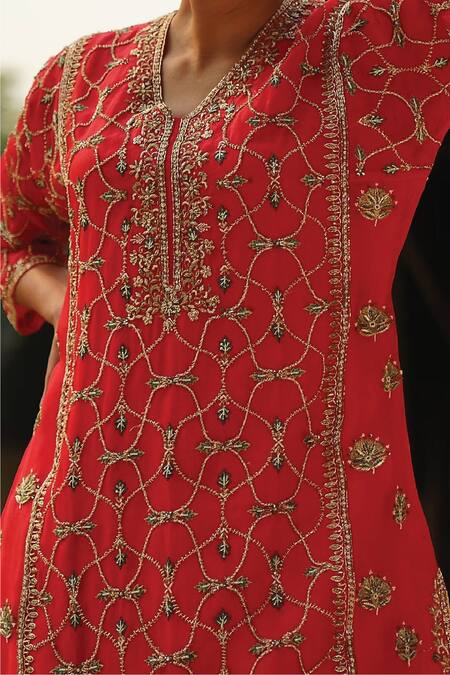 Buy Kyra By Bhavna Coral Silk, Organza Zari V-neck Zardosi Embroidered Kurta Dhoti Pant Online at Aza Fashions Buy_Kyra By Bhavna_Coral Silk, Organza Zari V-neck Zardosi Embroidered Kurta Dhoti Pant _Online_at_Aza_Fashions