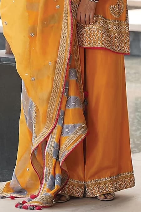 Kyra By Bhavna Yellow Silk, Organza Pearls, Zari, Embroidery Round Neck Kurta Palazzo Set Online at Aza Fashions Kyra By Bhavna_Yellow Silk, Organza Pearls, Zari, Embroidery Round Neck Kurta Palazzo Set _Online_at_Aza_Fashions