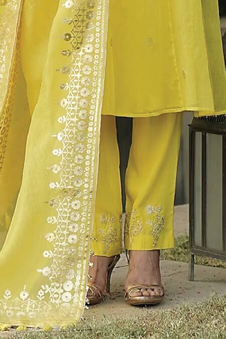 Kyra By Bhavna_Yellow Organza, Viscose, Modal, Tissue, Chanderi Embroidery, Gota Kurta Pant Set _Online_at_Aza_Fashions