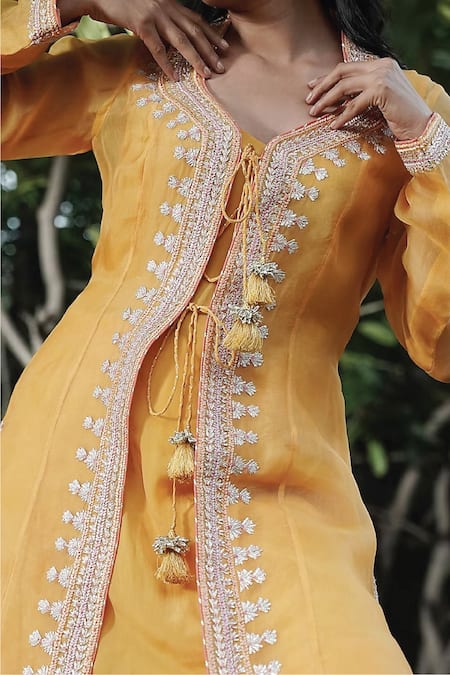 Shop_Kyra By Bhavna_Yellow Organza, Crepe Tassels, Gota Patti And Work Jacket Pant Set _at_Aza_Fashions
