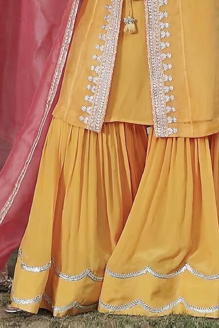 Kyra By Bhavna_Yellow Organza, Crepe Tassels, Gota Patti And Work Jacket Pant Set _Online_at_Aza_Fashions